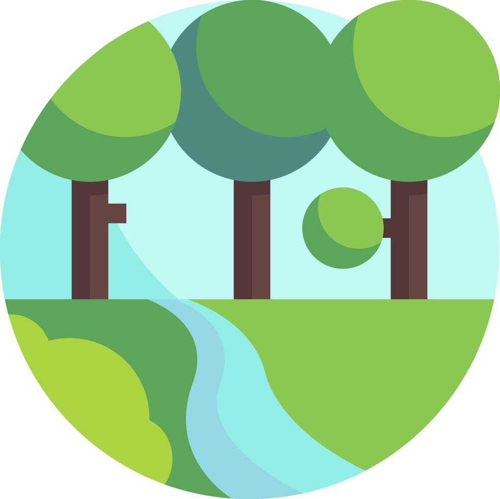 A flat illustration of a forest with trees and a stream vector