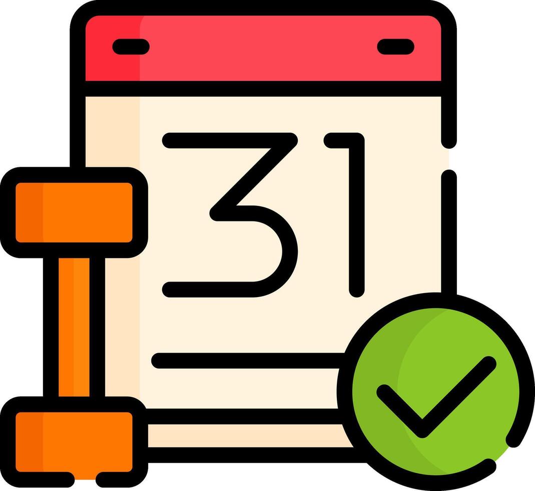 A calendar with a check mark and a dumbbell vector