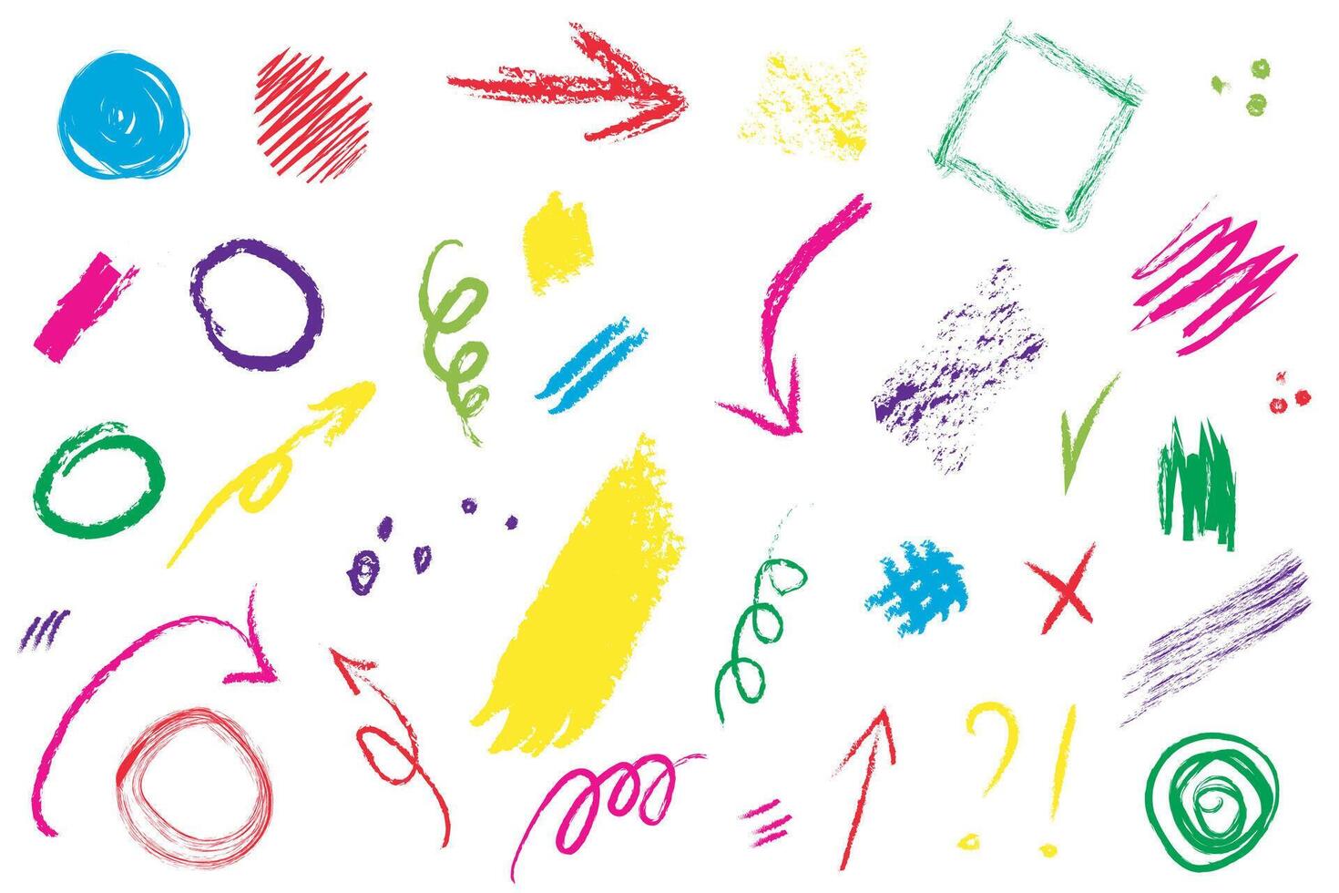 Collection of hand drawn charcoal shapes and grunge textures. Arrow line chalk brush set. Grunge square, spiral, arrow element scribble line brush sketch design. Isolated illustration. vector