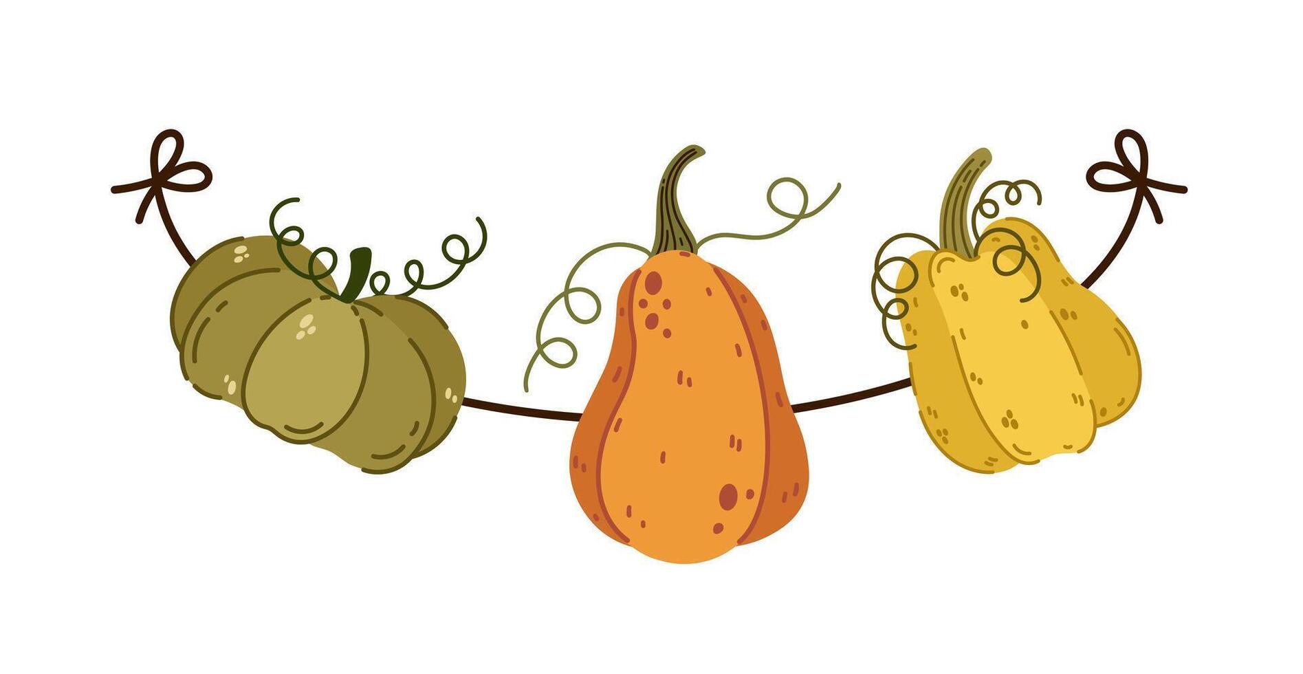 Autumn garland with ripe juicy pumpkins icon. Colorful garden gourds are hanging on a string. Seasonal vegetable decoration for Halloween, Thanksgiving. Cartoon doodle, hand drawn cozy clipart vector