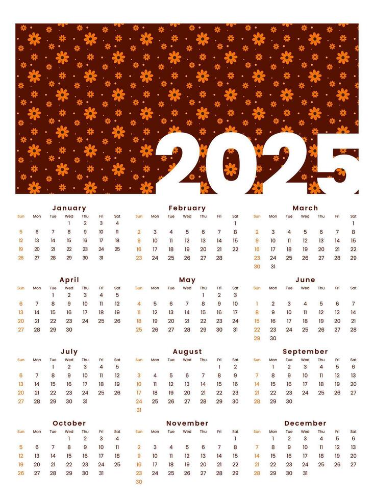 Calendar 2025 starts from Sunday. Minimalist, Clean, Simple and Modern Design. one page Calendar vector