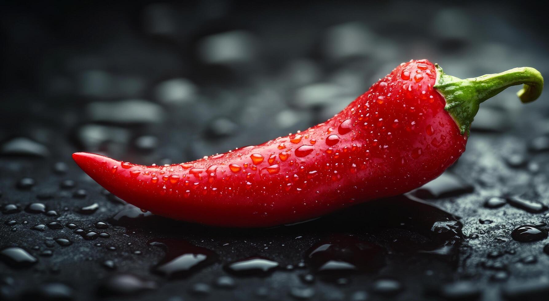 Fresh red chili pepper glistening with water droplets on a dark surface in the kitchen photo