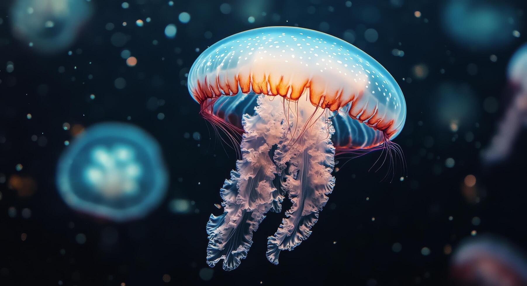 A close-up view of a colorful jellyfish swimming gracefully in deep ocean waters photo