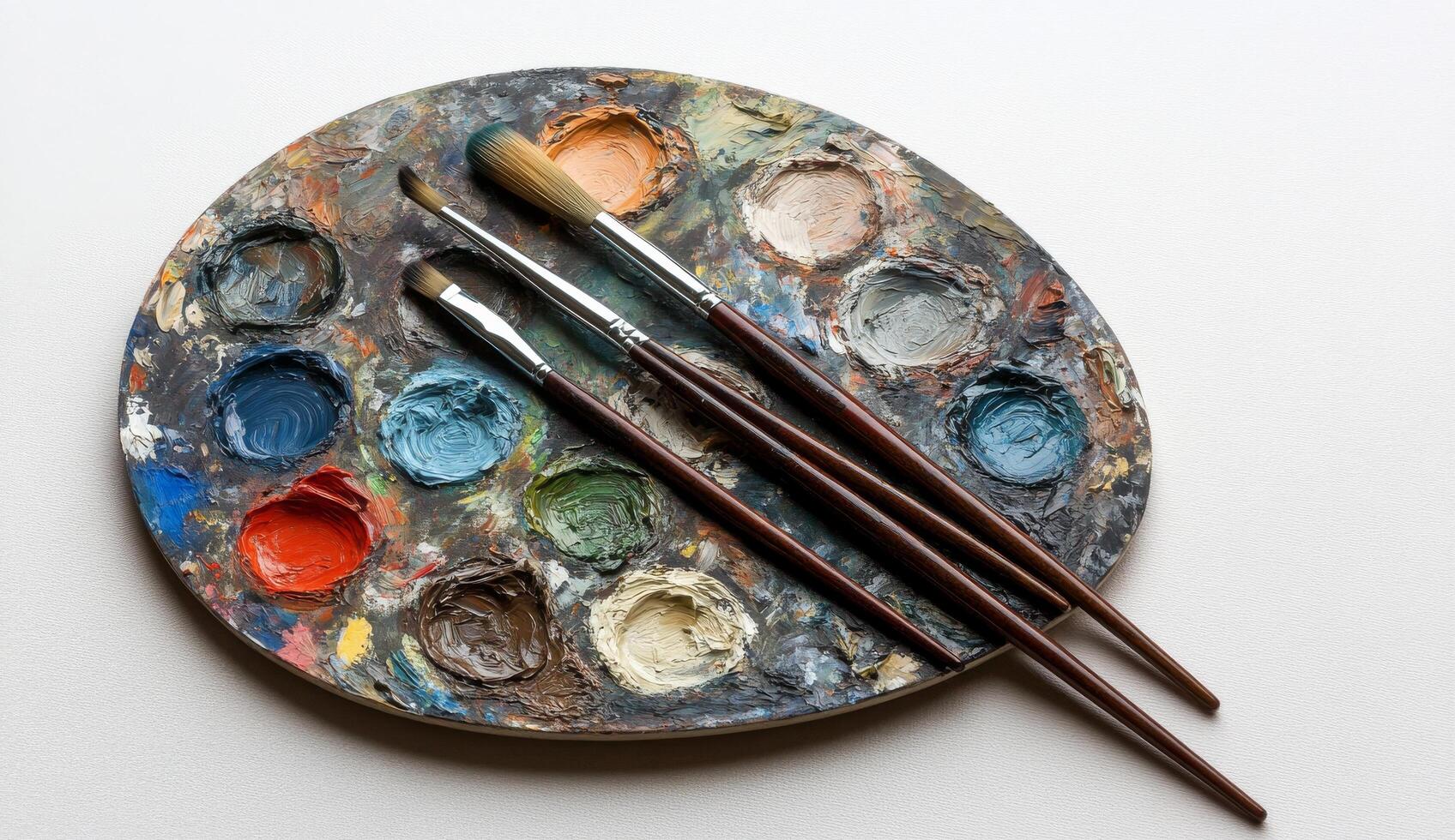 Artistic palette with paint colors and brushes arranged for creative painting session photo
