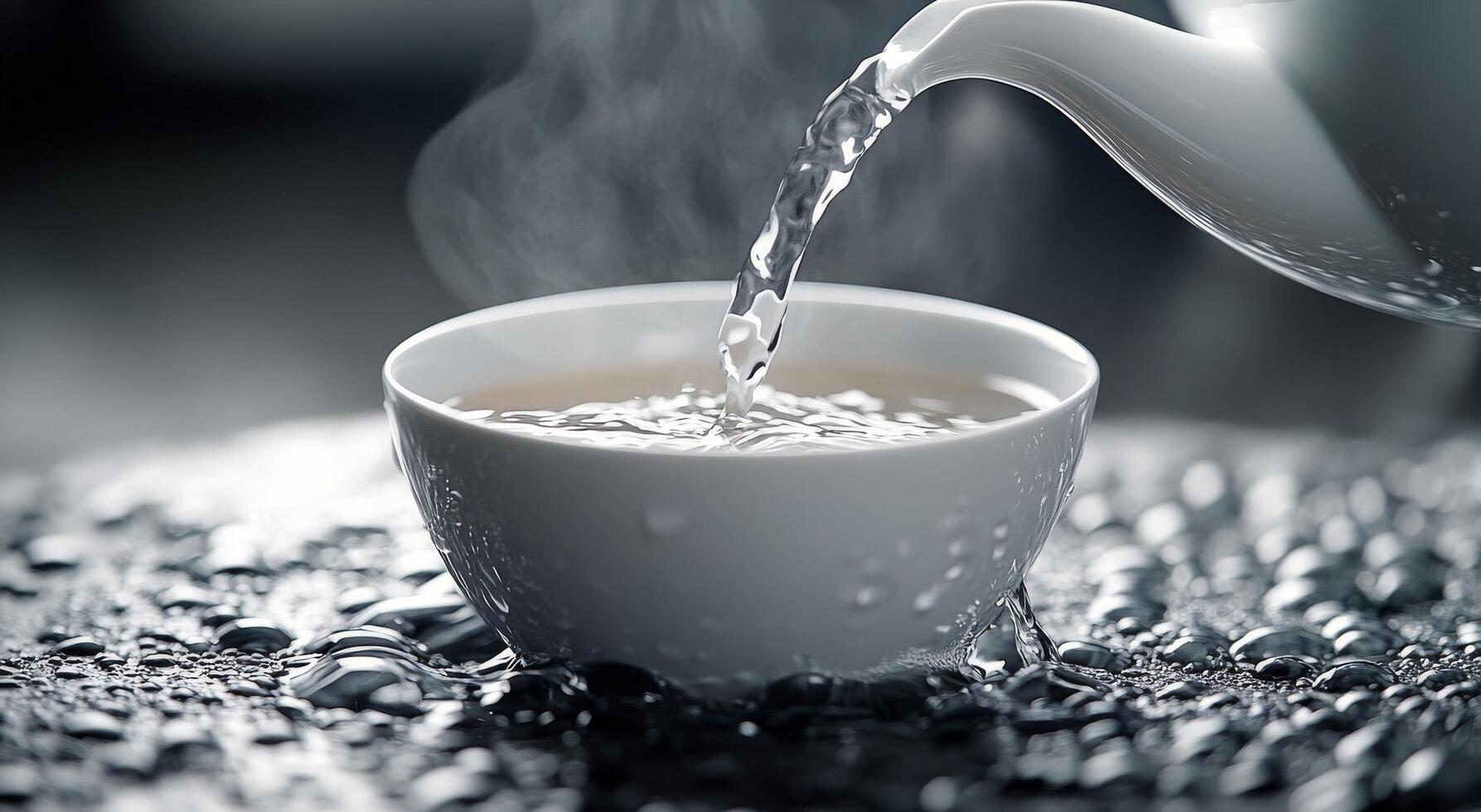 Pouring hot tea into a white cup surrounded by scattered tea leaves in a dimly lit setting photo