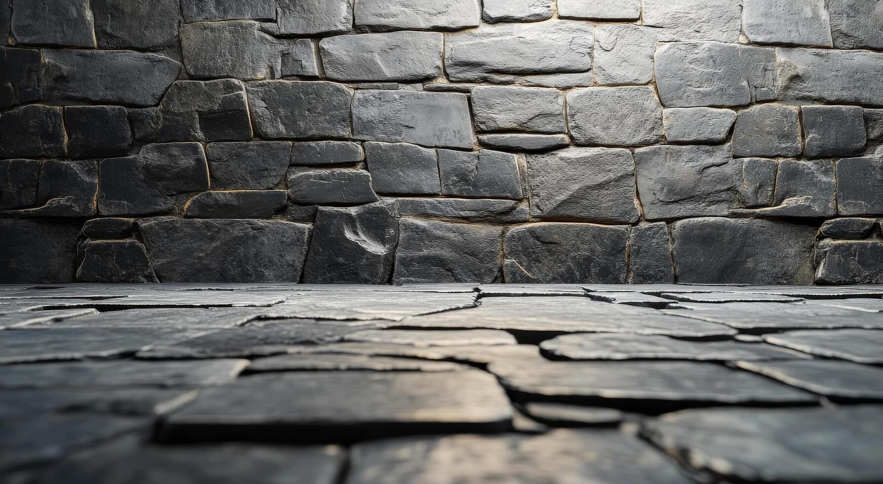 Textured stone wall with warm lighting in a dimly lit indoor space during evening hours photo