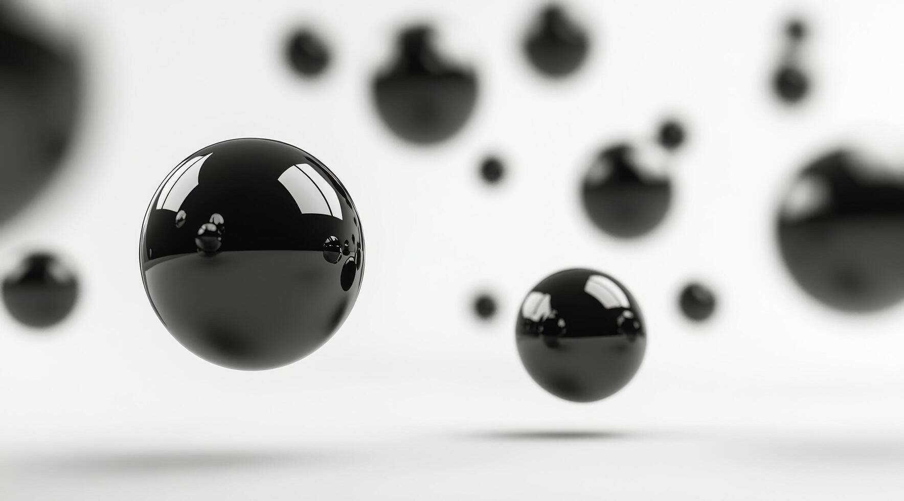 3D rendering of floating black spheres with reflections against a soft light background photo