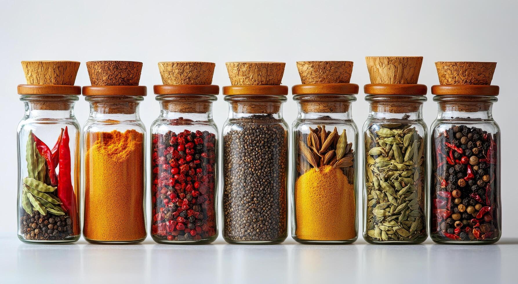Assorted spice jars filled with colorful ingredients displayed on a white background in a kitchen photo