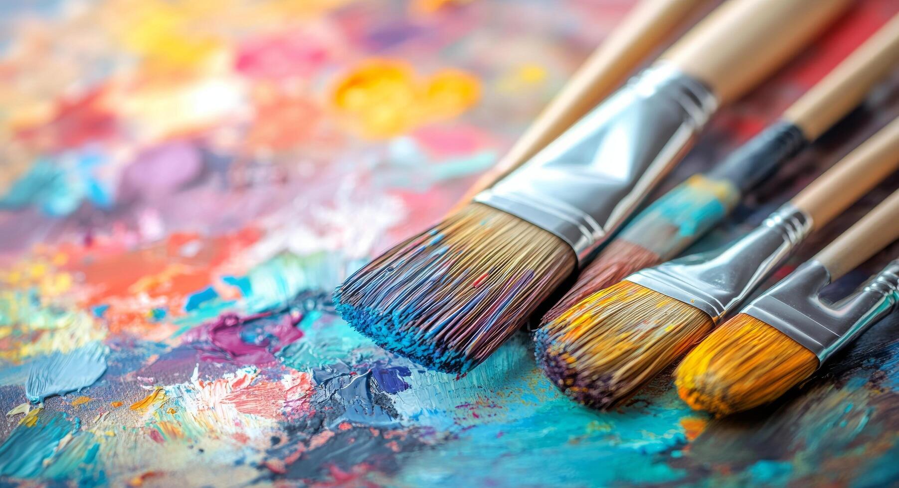 Colorful paint palette with assorted brushes arranged artistically on a vibrant background photo