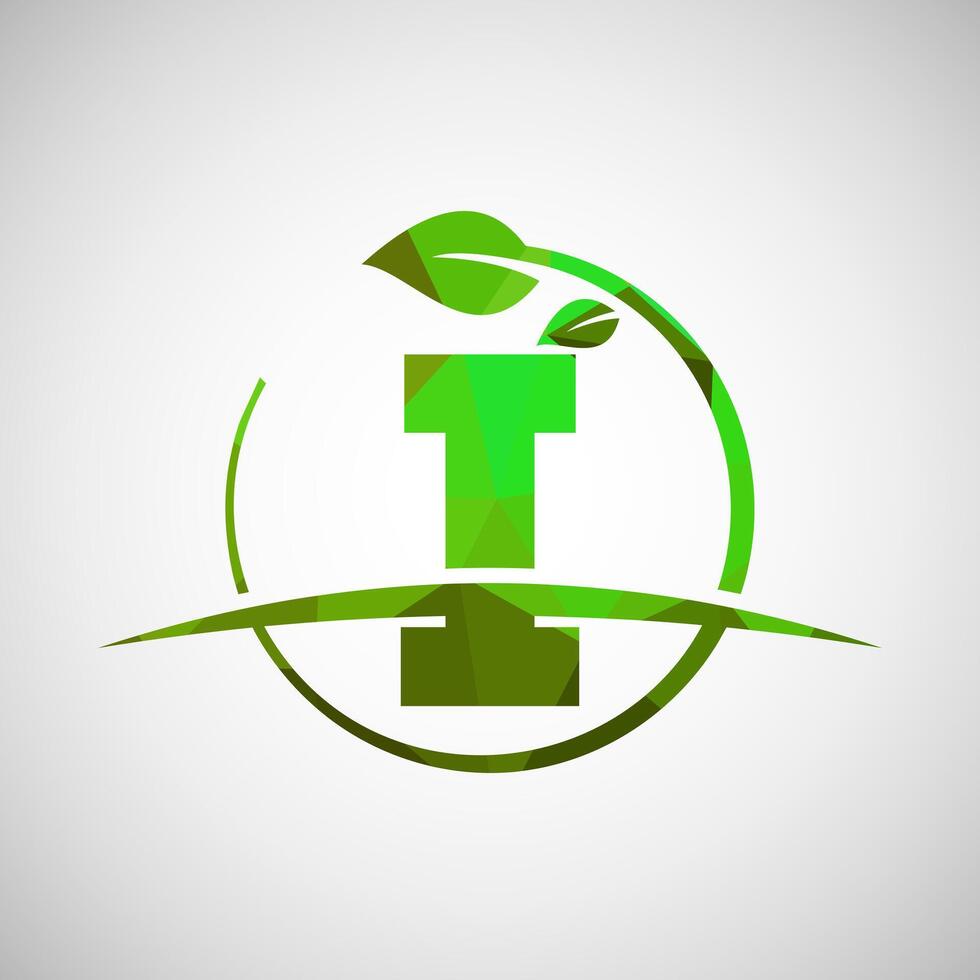 English alphabet I with circle leaf and swoosh. Eco-friendly logo concept. Low poly logo for ecological business and company identity vector