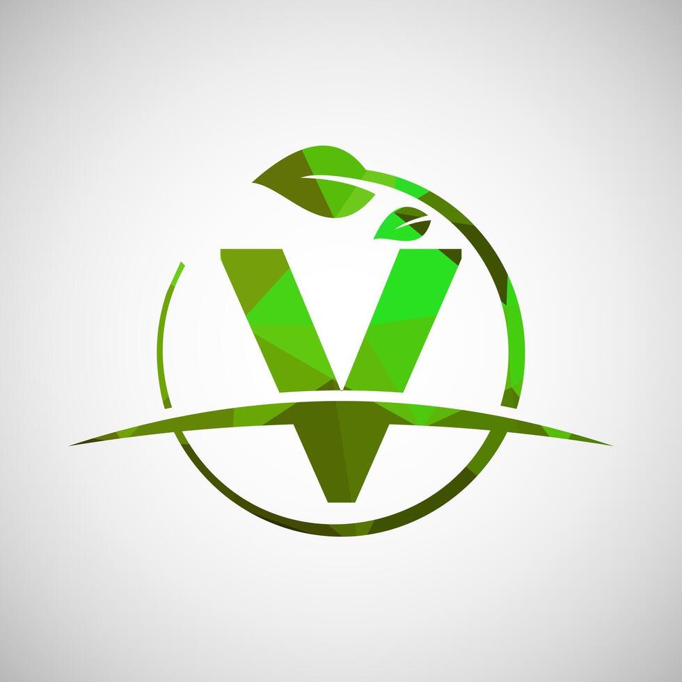 English alphabet V with circle leaf and swoosh. Eco-friendly logo concept. Low poly logo for ecological business and company identity vector