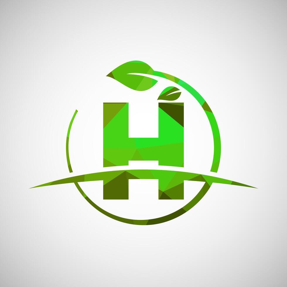 English alphabet H with circle leaf and swoosh. Eco-friendly logo concept. Low poly logo for ecological business and company identity vector