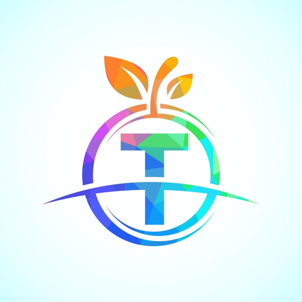 Initial alphabet T with the abstract apple logo. Healthy food logo design template vector