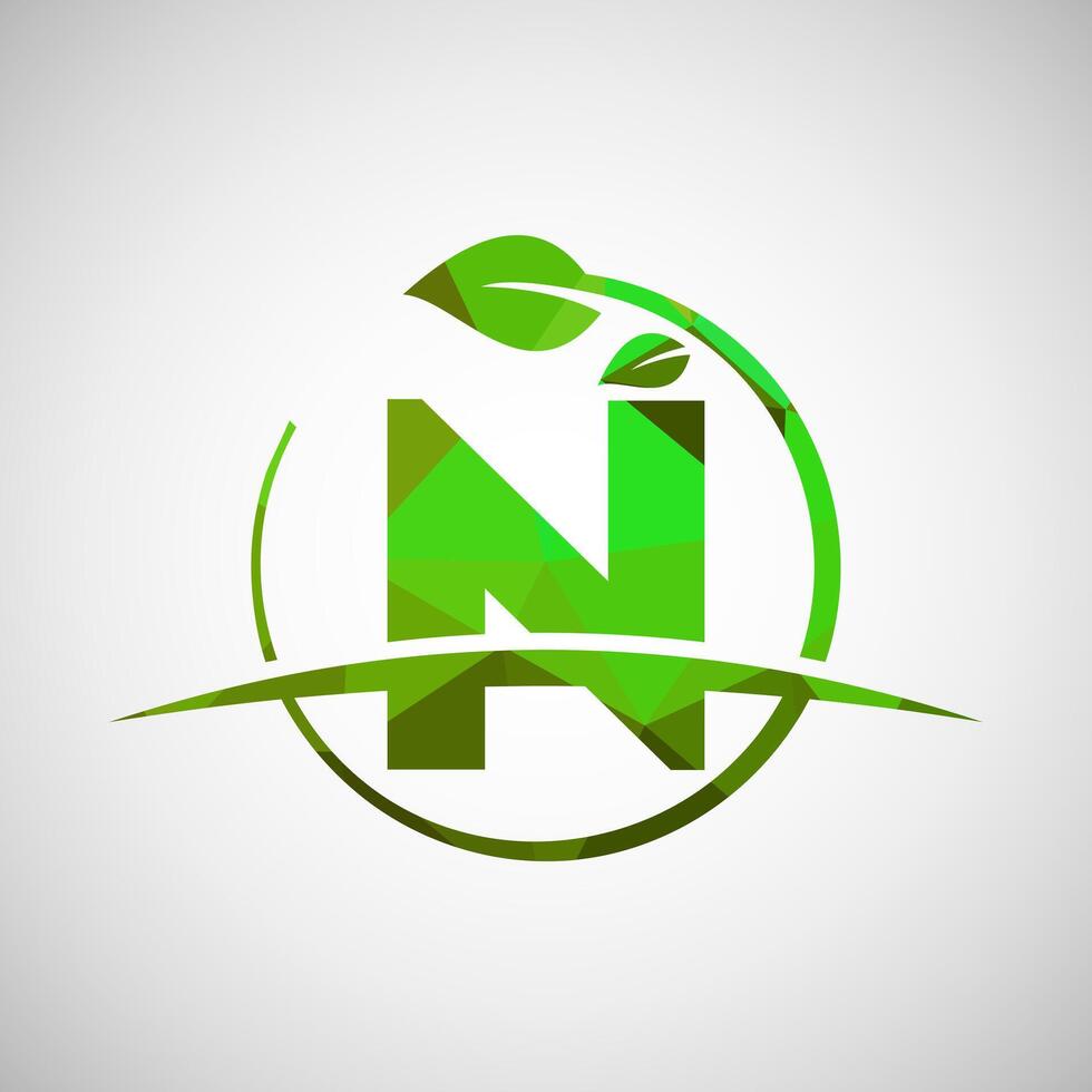 English alphabet N with circle leaf and swoosh. Eco-friendly logo concept. Low poly logo for ecological business and company identity vector