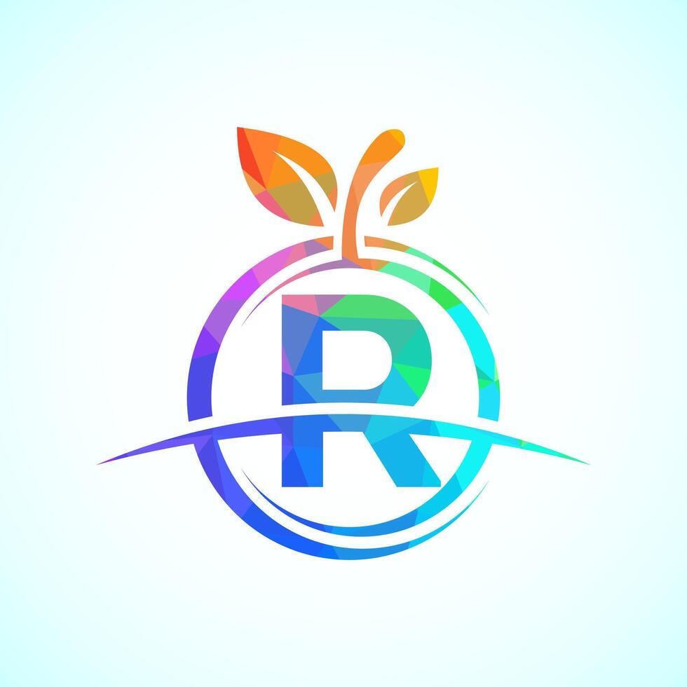 Initial alphabet R with the abstract apple logo. Healthy food logo design template vector