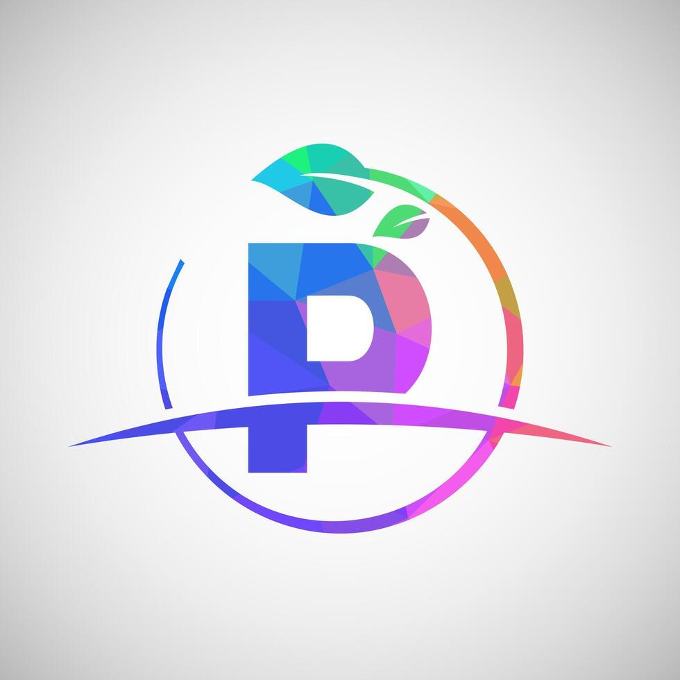 English alphabet P with circle leaf and swoosh. Eco-friendly logo concept. Low poly logo for ecological business and company identity vector