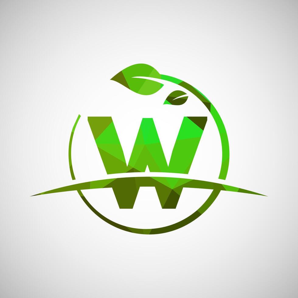English alphabet W with circle leaf and swoosh. Eco-friendly logo concept. Low poly logo for ecological business and company identity vector