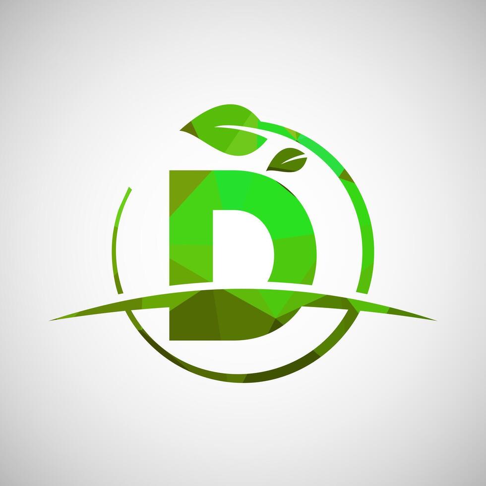English alphabet D with circle leaf and swoosh. Eco-friendly logo concept. Low poly logo for ecological business and company identity vector