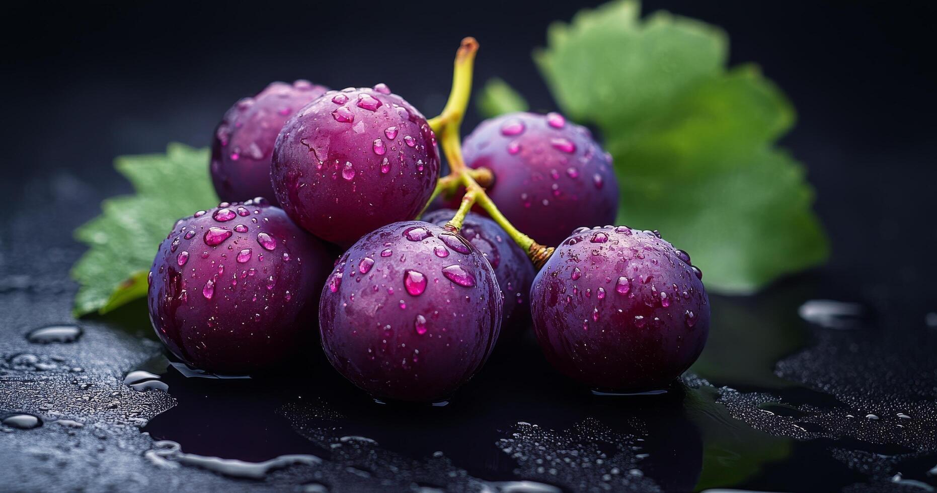 Freshly washed purple grapes on a dark surface glistening with water droplets photo
