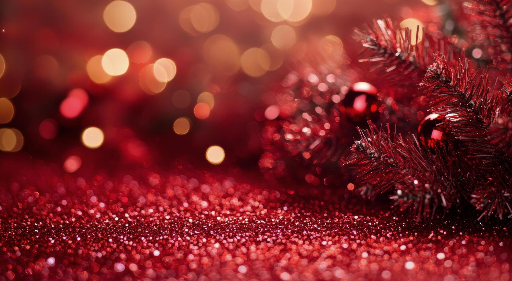 A vibrant red background showcases shimmering Christmas tree branches adorned with bright ornaments photo
