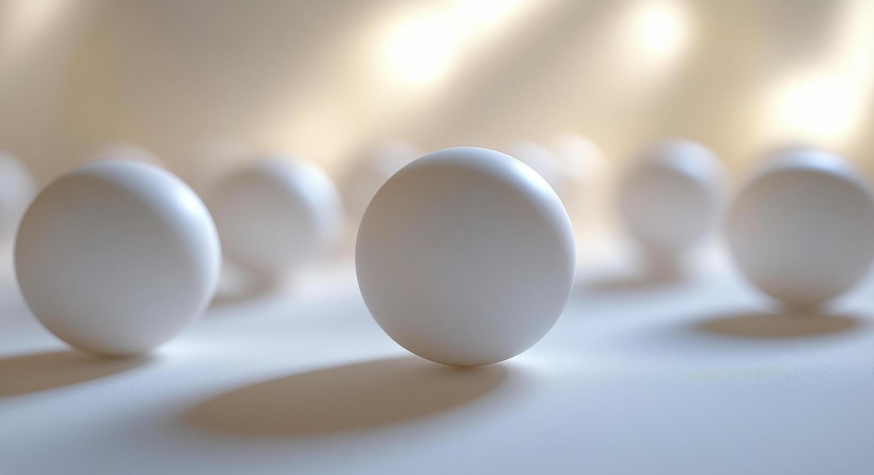 Bright sunlight illuminates white spheres on a wooden table creating delicate shadows photo