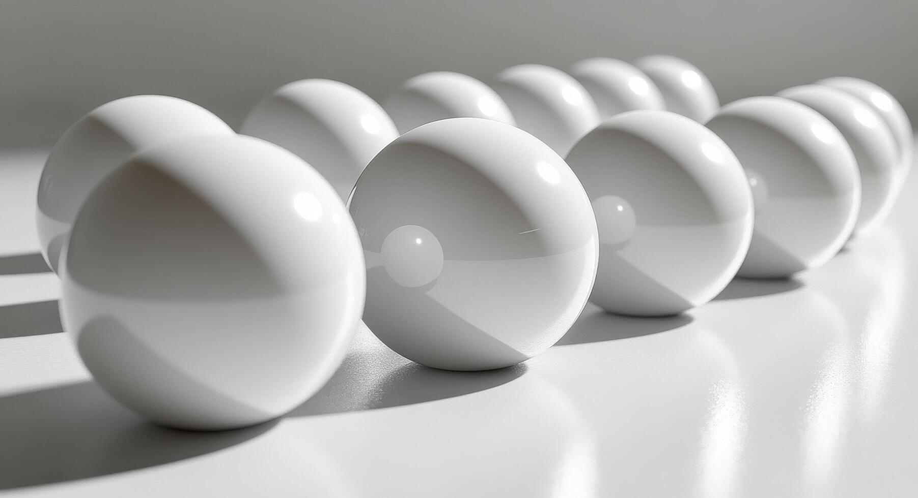 Bright sunlight illuminates white spheres on a wooden table creating delicate shadows photo