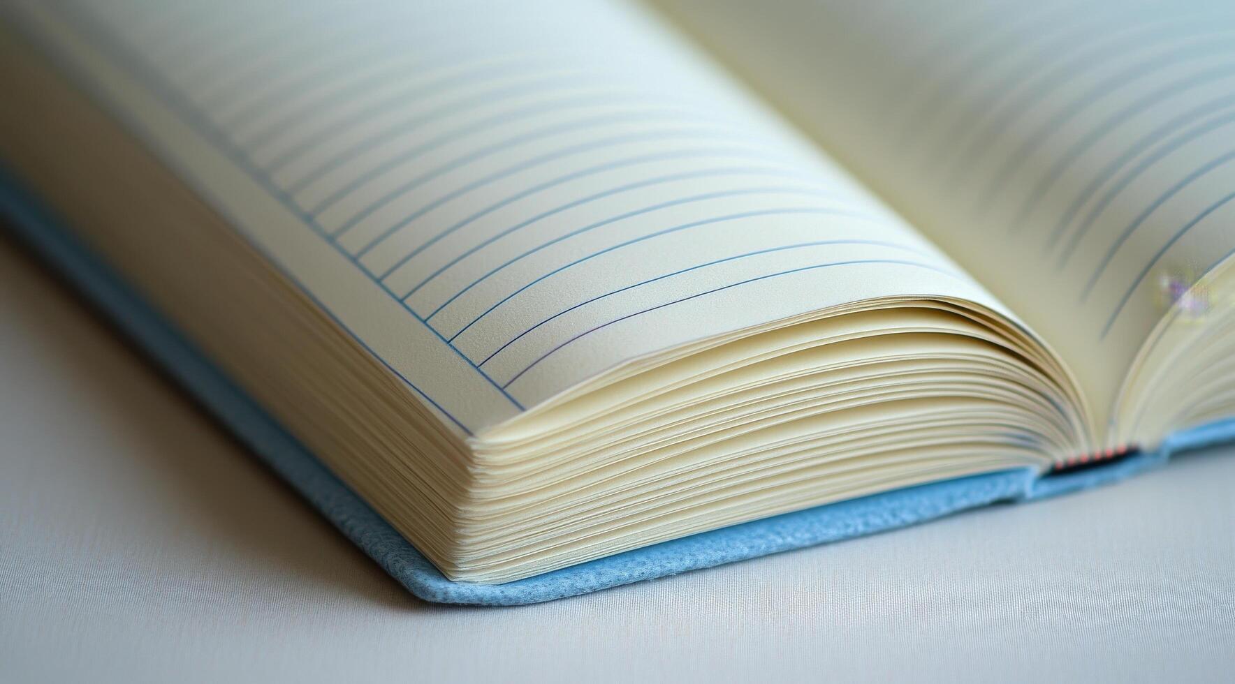 A close-up view of an open notebook resting on a wooden surface in soft natural light photo