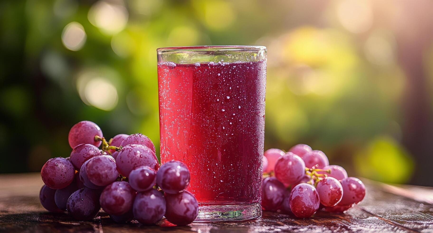 Refreshing sparkling grape juice served in glass beside fresh grapes in a sunlit garden photo