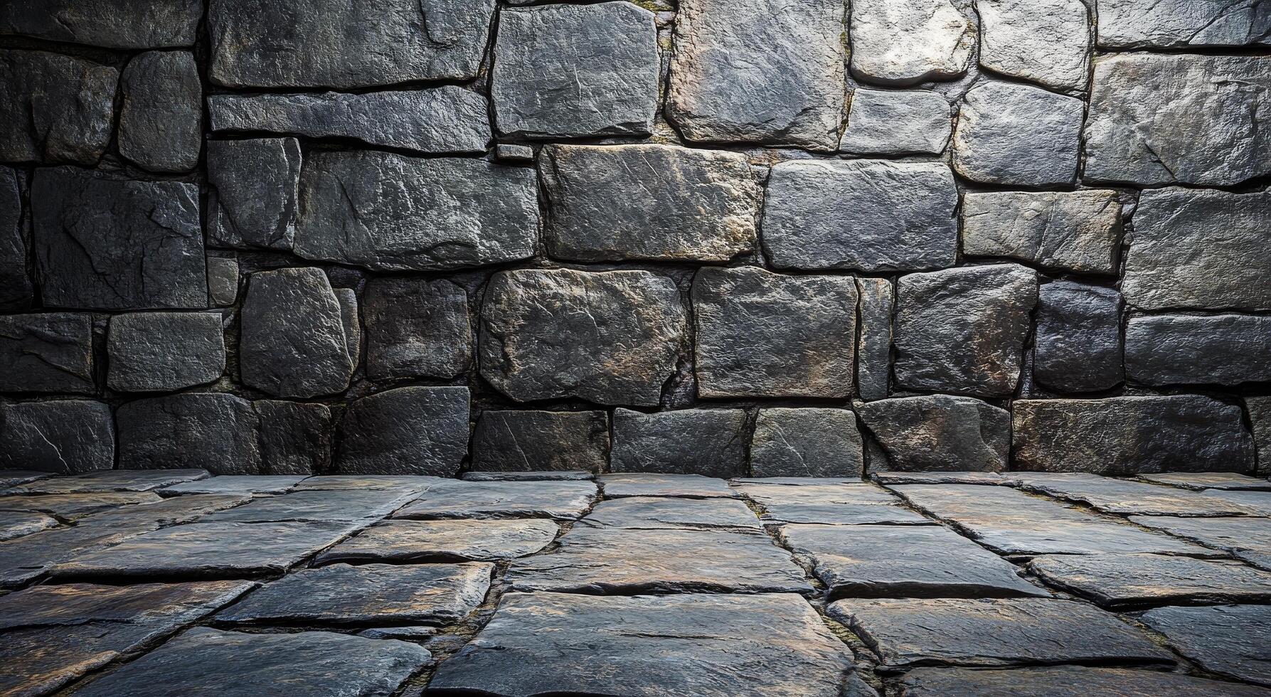 Textured stone wall with warm lighting in a dimly lit indoor space during evening hours photo