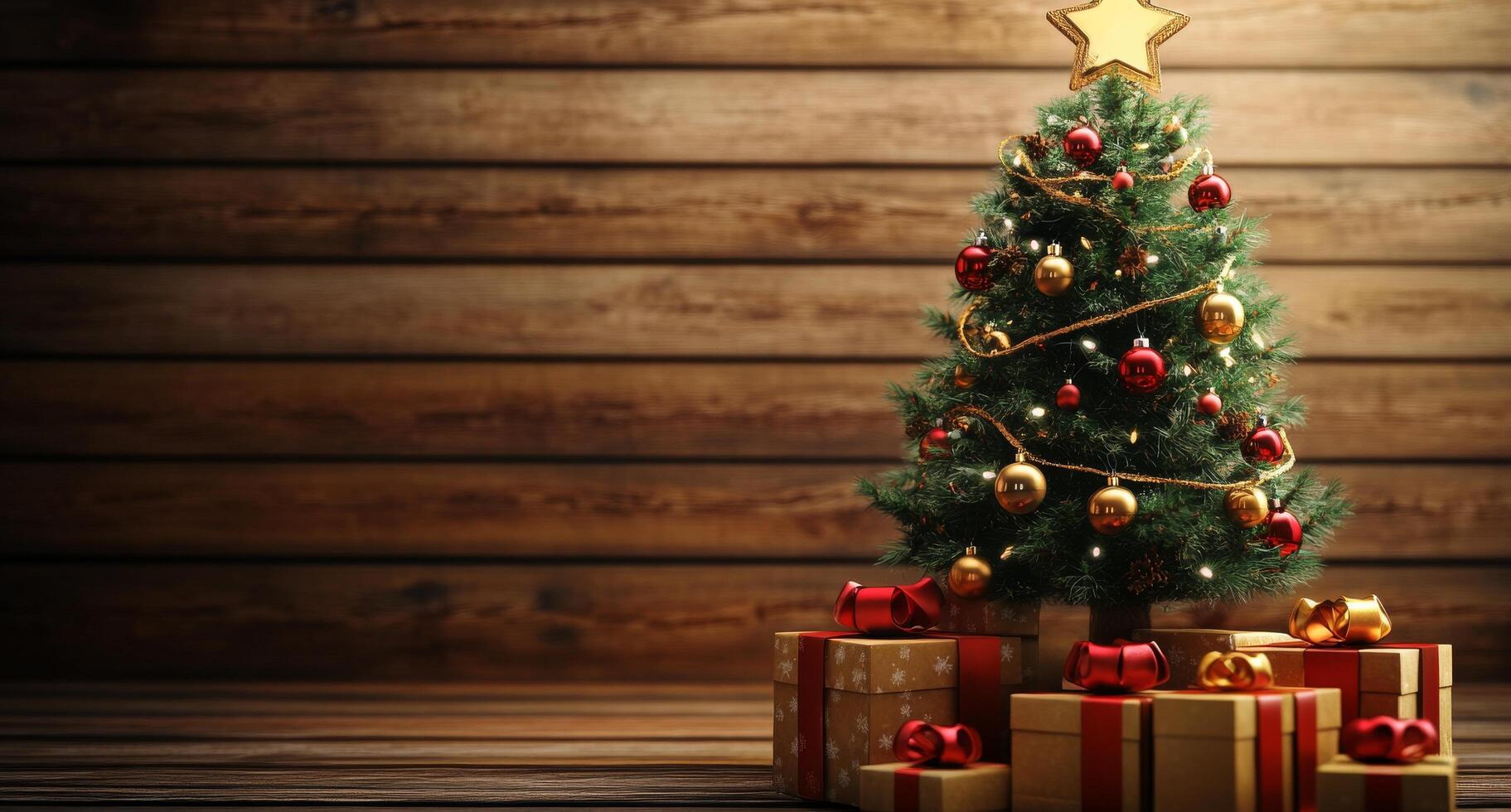Festively decorated Christmas tree with red ornaments and wrapped gifts in a cozy wooden setting photo