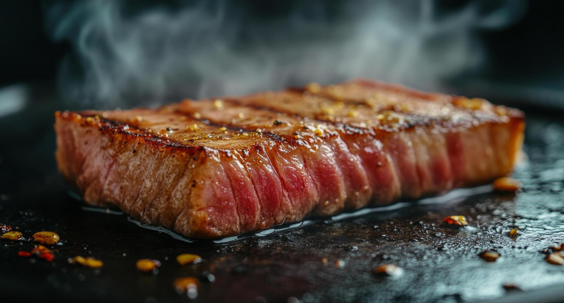 Sizzling tuna steaks being seared in a hot skillet on a restaurant kitchen stove photo