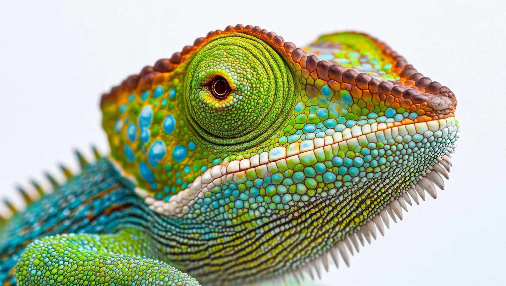 Colorful chameleon displaying vibrant patterns on its scales in natural light photo