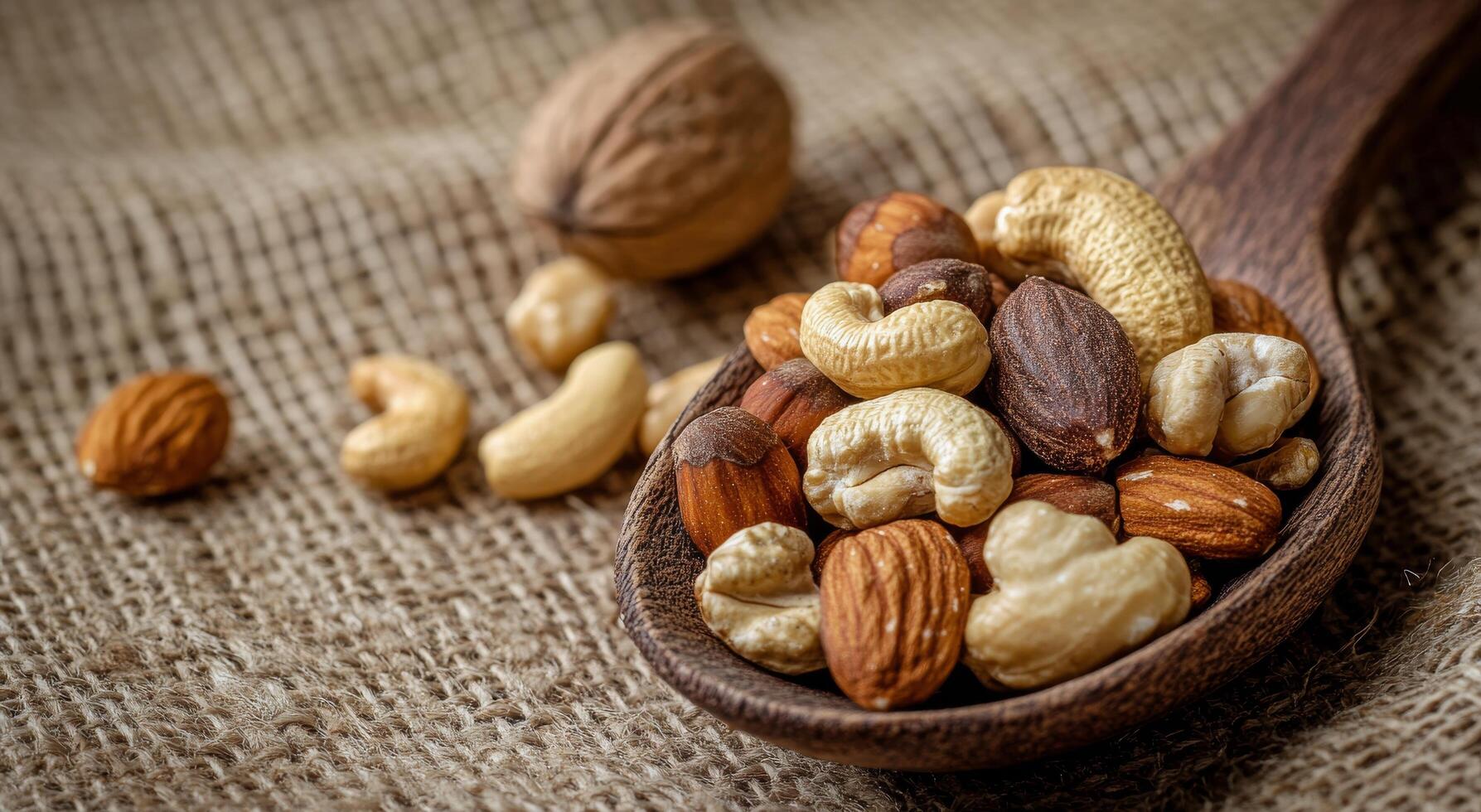 Mixed nuts on a wooden spoon arranged on burlap fabric background in natural lighting photo