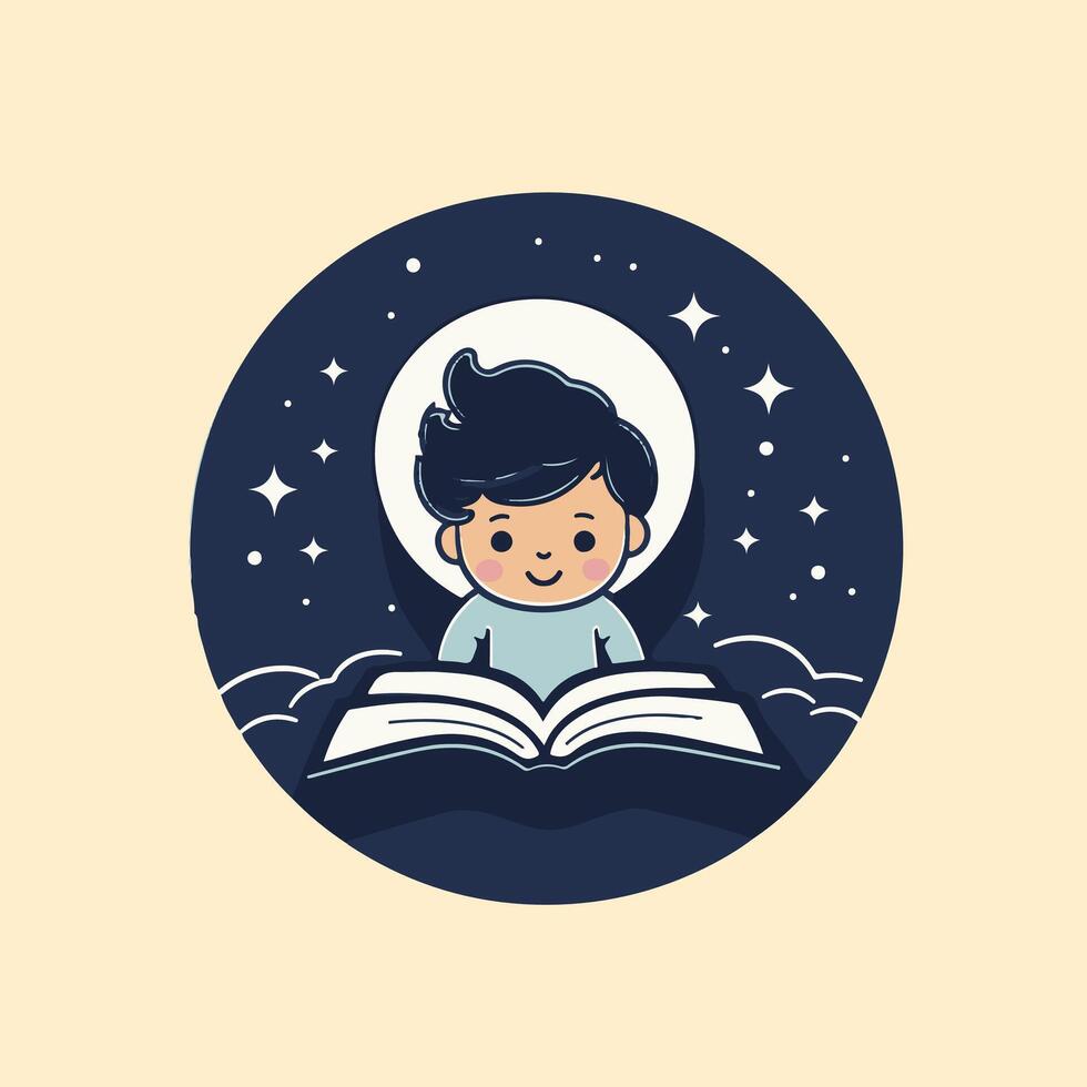 A boy reading a book in the night sky vector