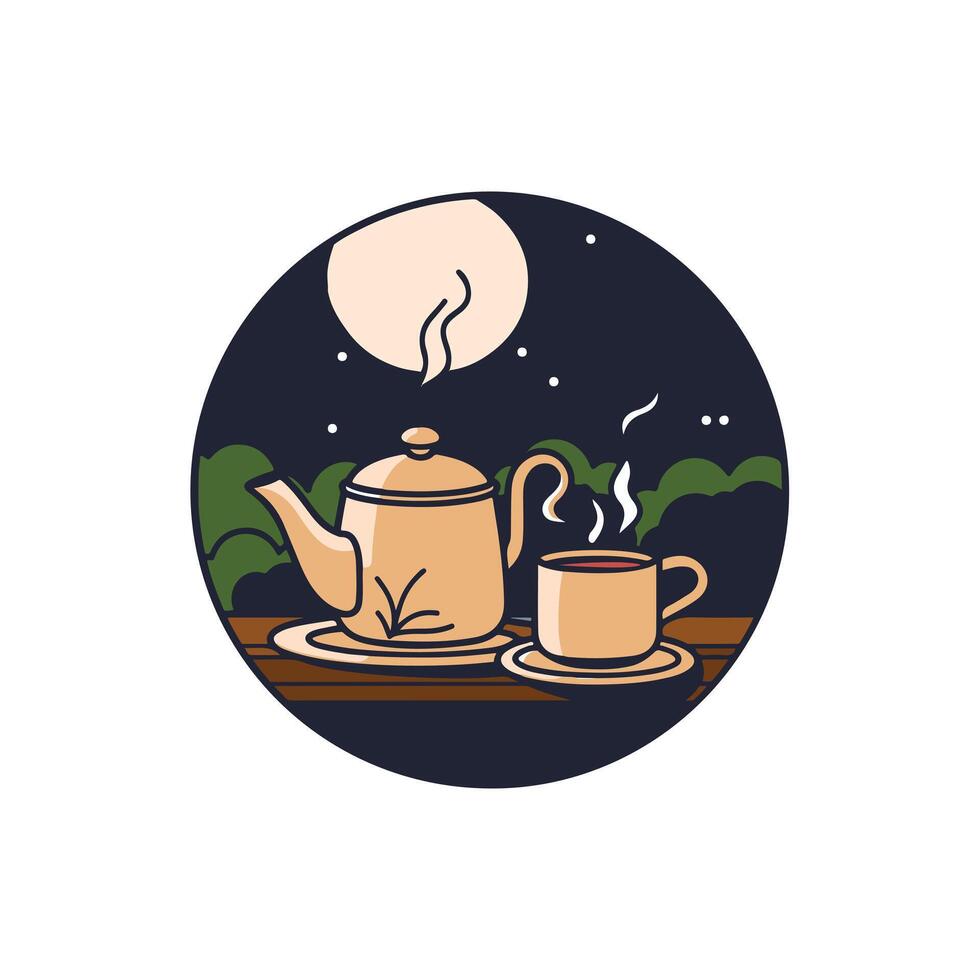 Tea pot and cup of tea on a table at night vector