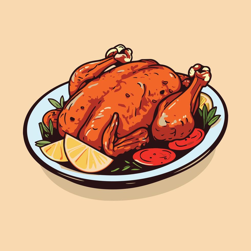 A drawing of a roasted chicken on a plate vector