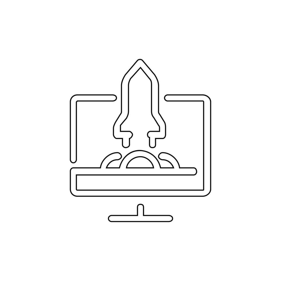A line drawing of a computer screen with a rocket on it vector