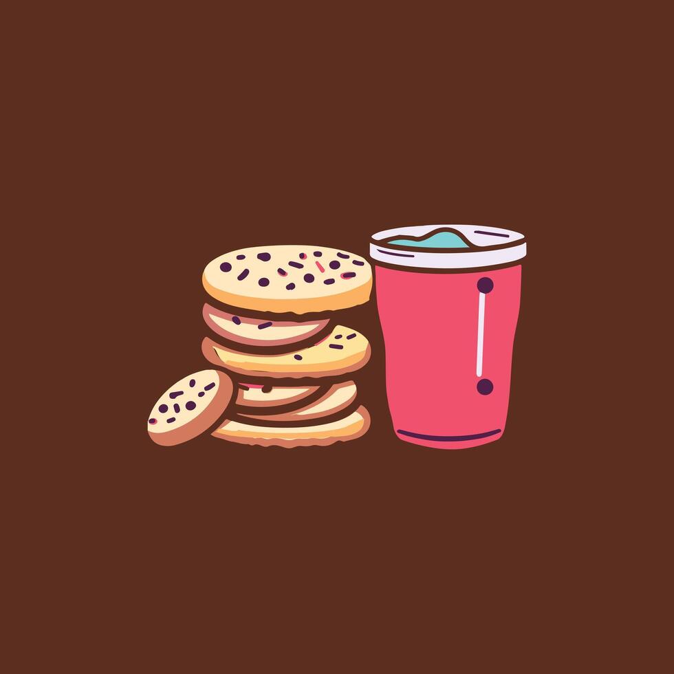 A stack of cookies and a drink on a brown background vector