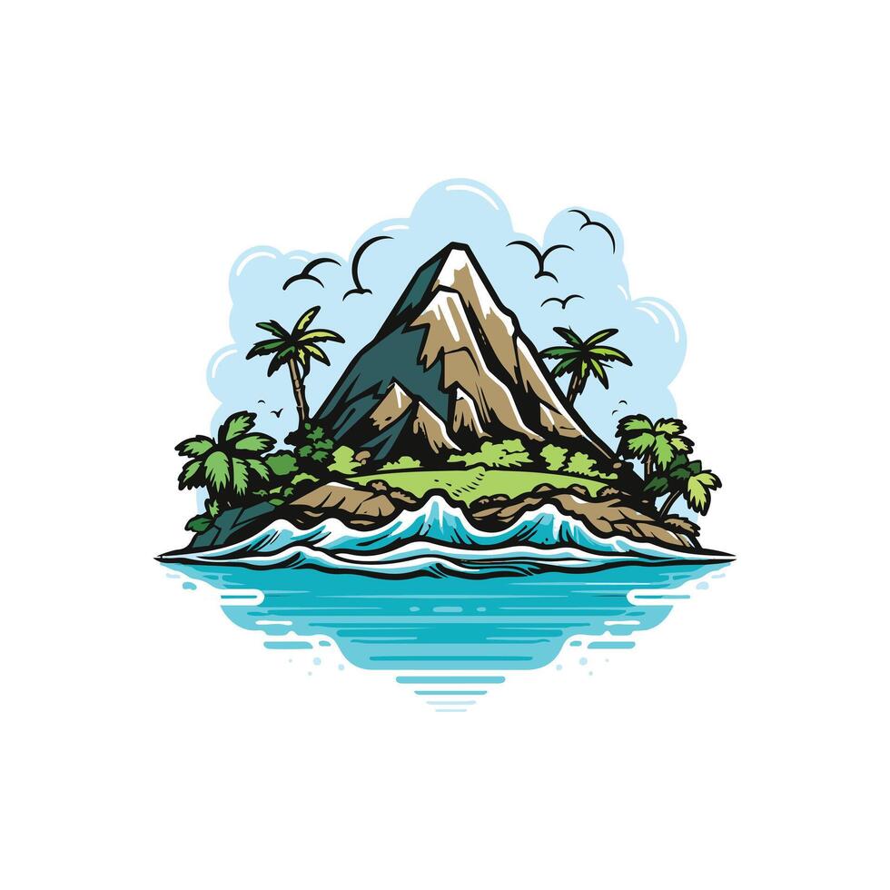 Tropical island with mountains and palm trees vector