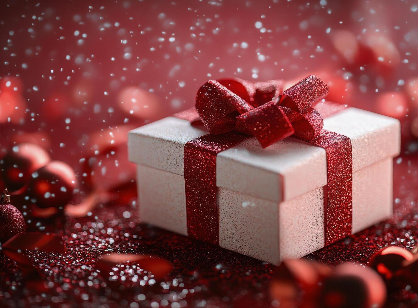 Festively wrapped gift box with red ribbon and confetti on a vibrant red background photo