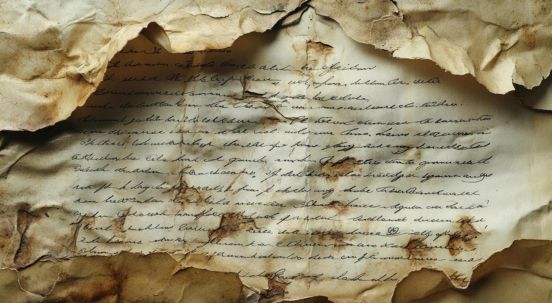 Old, weathered handwritten letters resting on a wooden table with dirt and debris scattered around photo