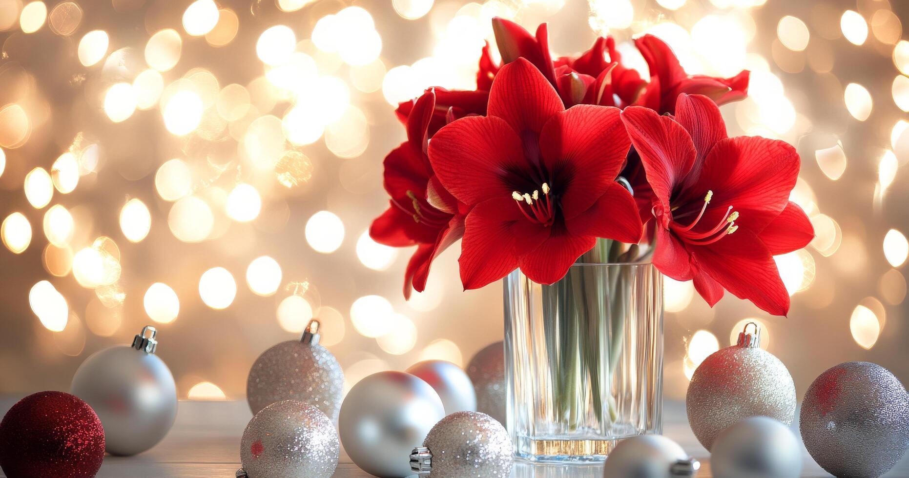 Bright red amaryllis flowers in a vase with silver ornaments during festive winter season photo