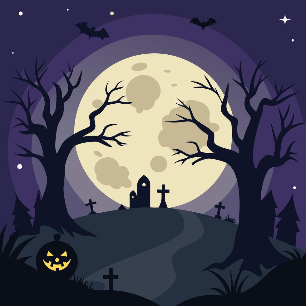Halloween background with graveyard, graveyard, tombstone, moon, bats and trees vector