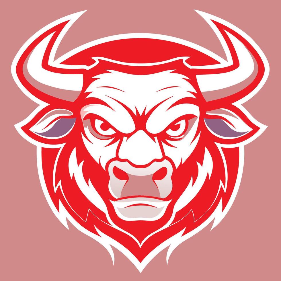 The head of an angry bull is shown in red and white vector