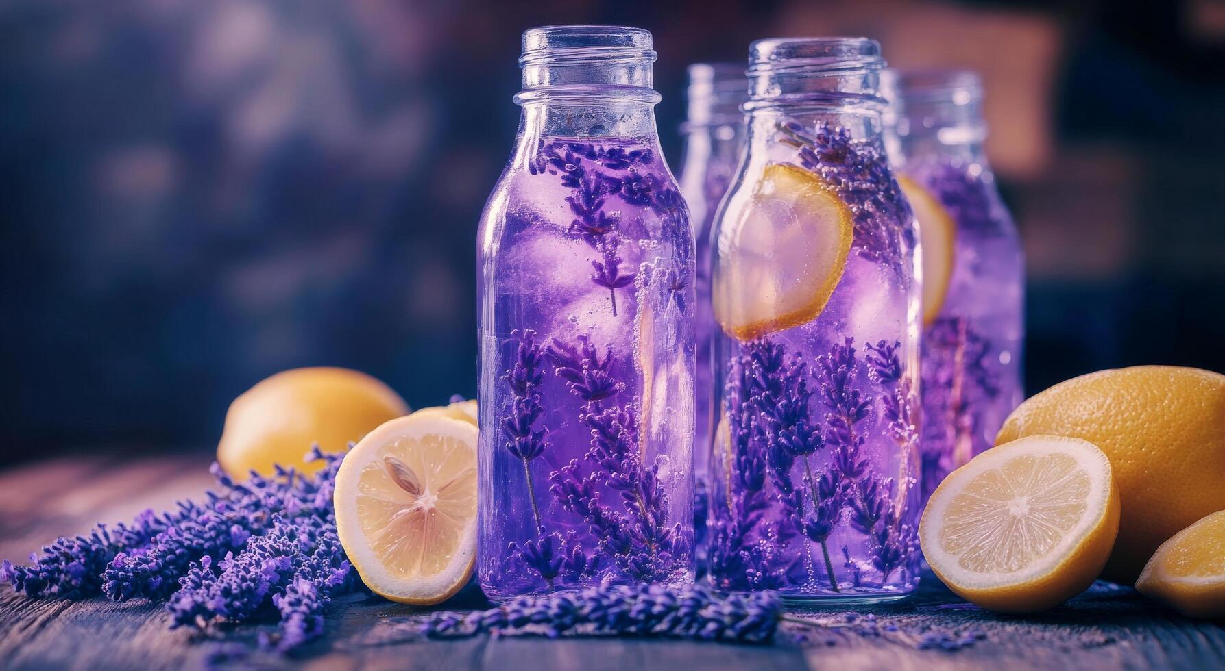 Refreshing lavender lemonade in glass bottles with lemon slices on a rustic wooden surface photo