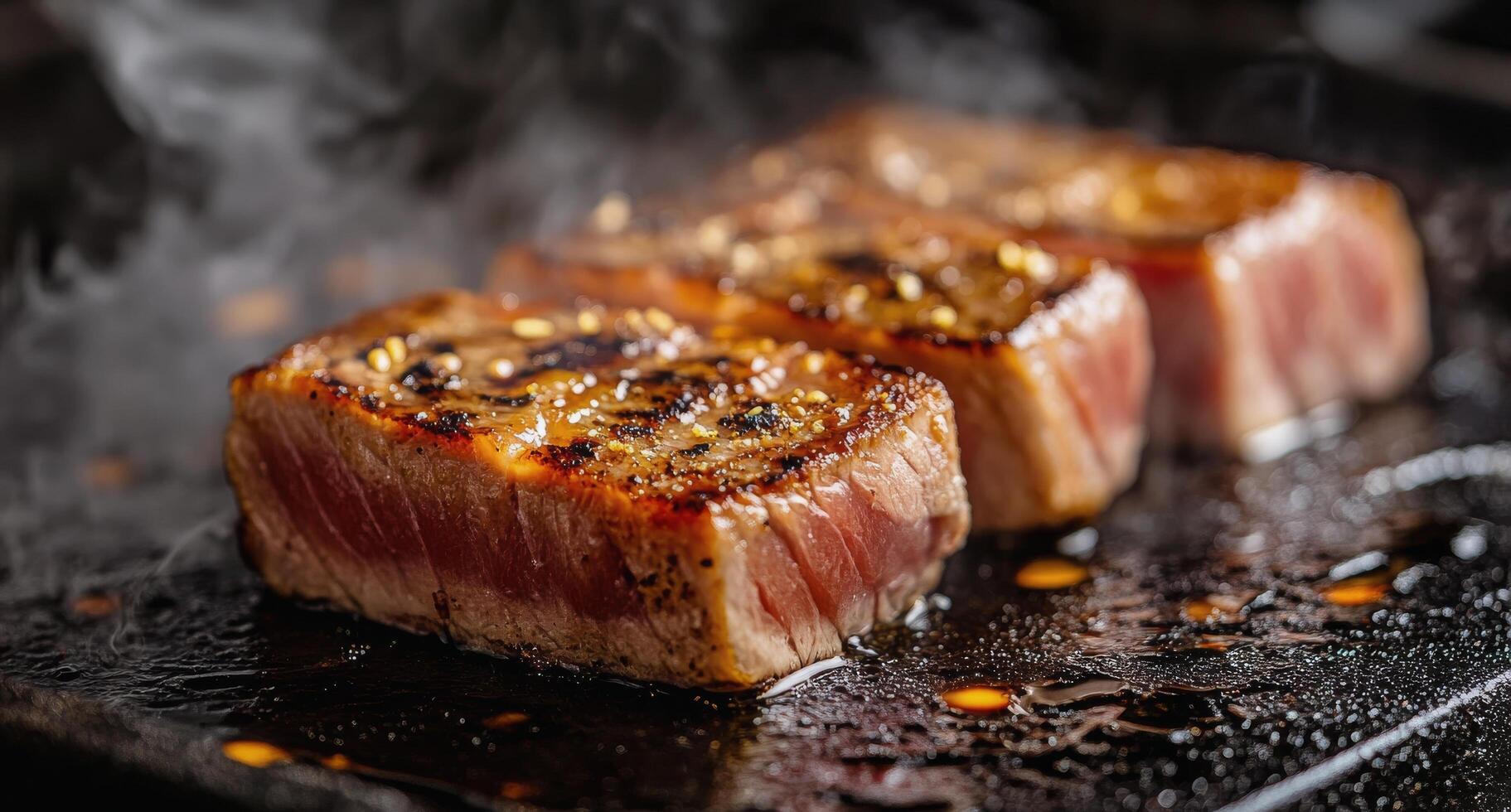 Sizzling tuna steaks being seared in a hot skillet on a restaurant kitchen stove photo