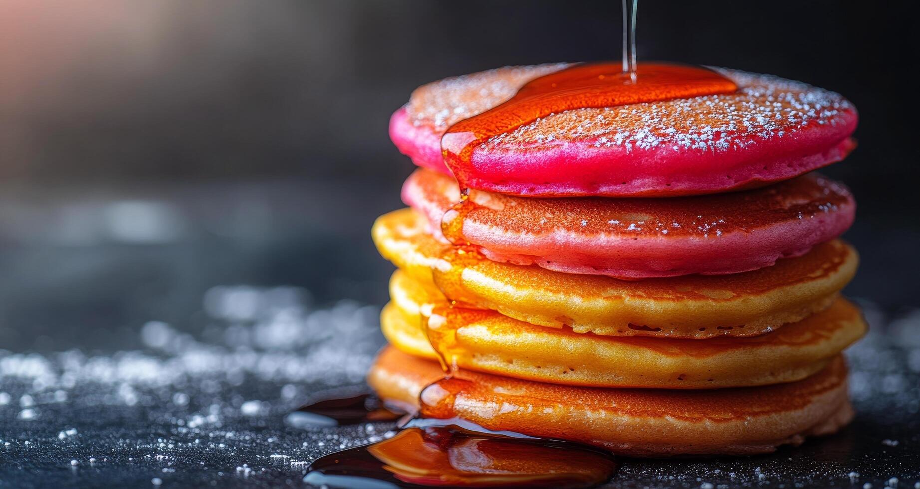 Colorful stack of pancakes drizzled with syrup on a dark background during breakfast preparation photo