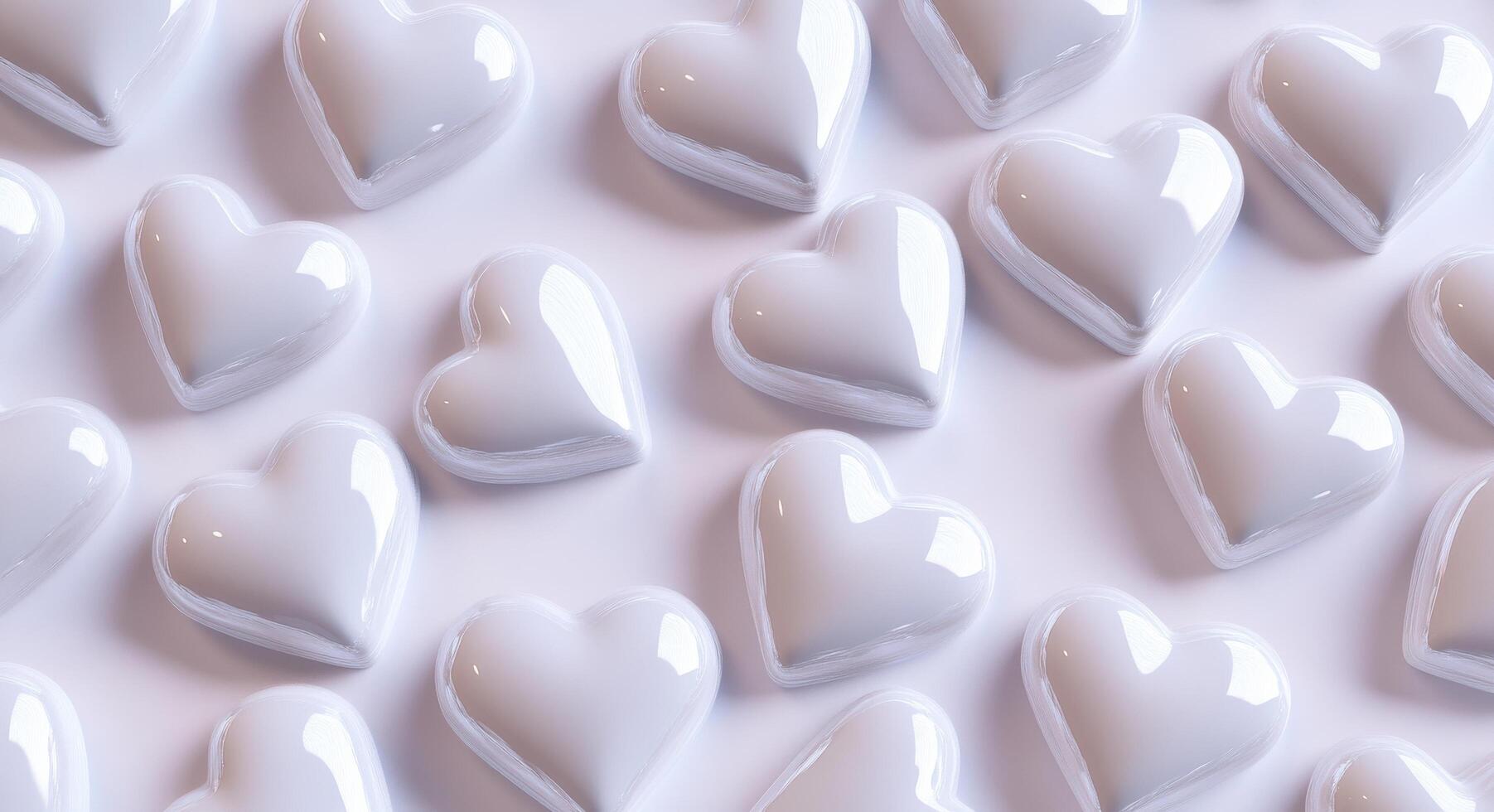 Glossy white heart-shaped decorations arranged neatly on a soft background for festive occasions photo