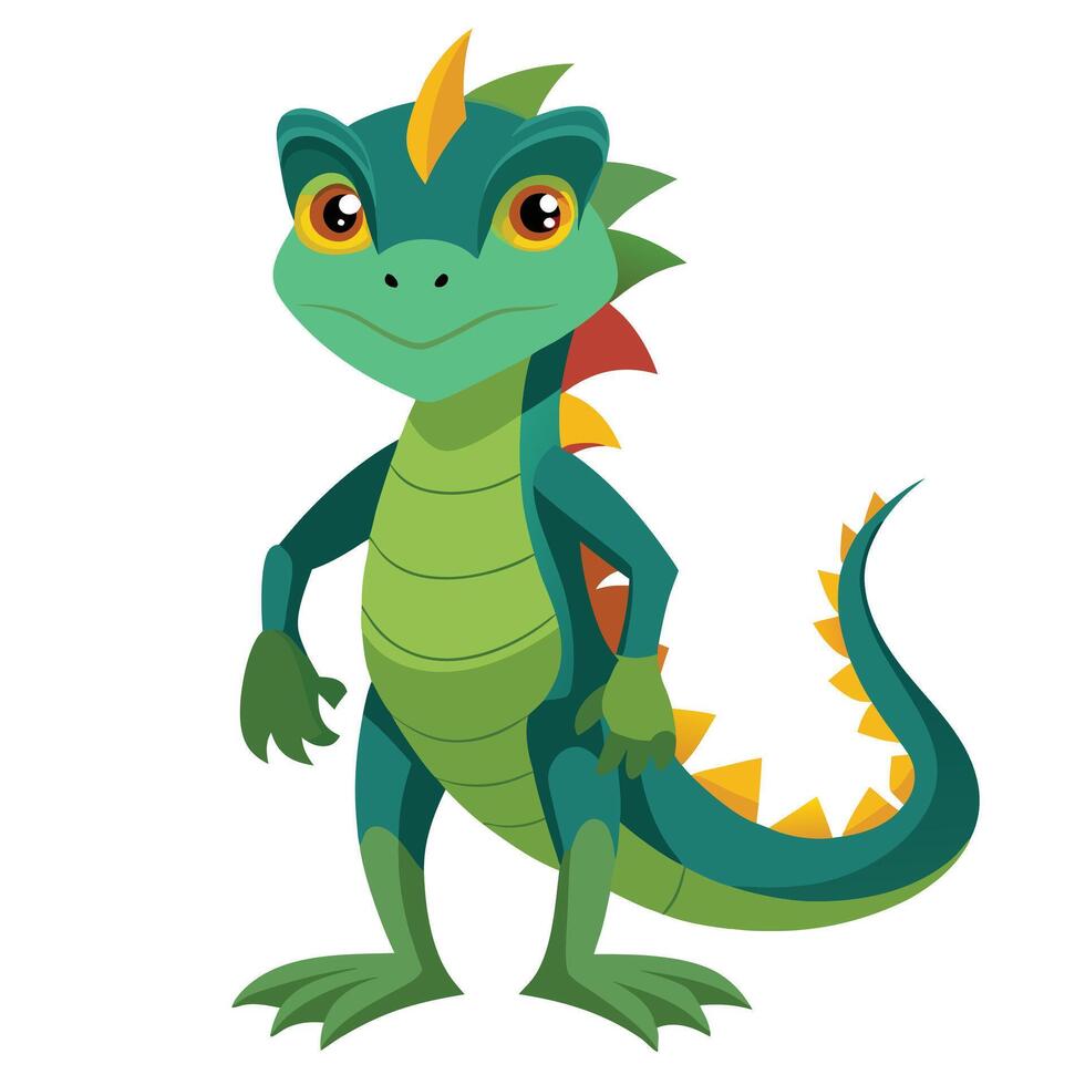 A cartoon green lizard standing on one foot vector
