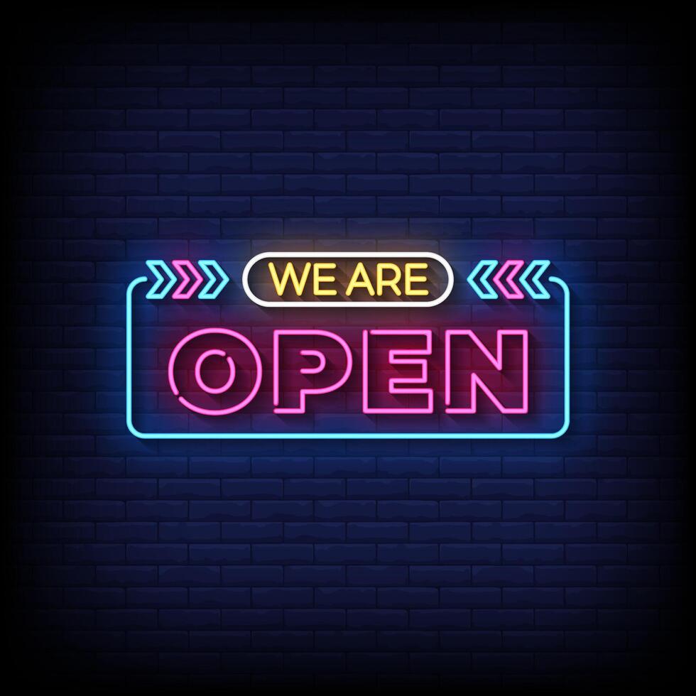 we are open neon sign with brick wall background vector